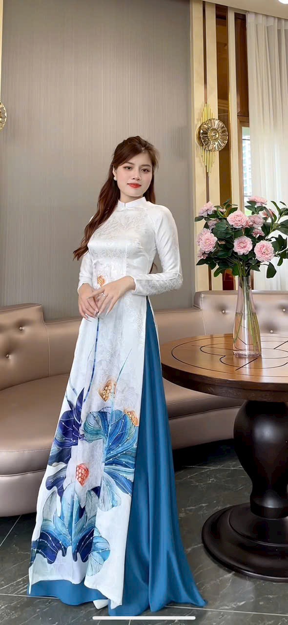 SÉT ÁO DÀI VẢI GẤM IN HOA SEN KÈM QUẦN