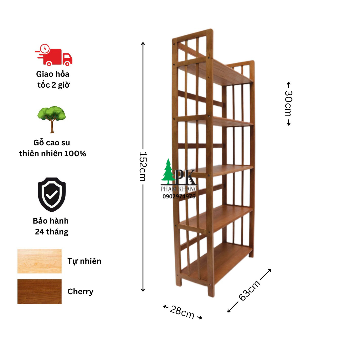 Kệ sách gỗ Phạm Khang 5 tầng rộng 64cm màu vàng cherry