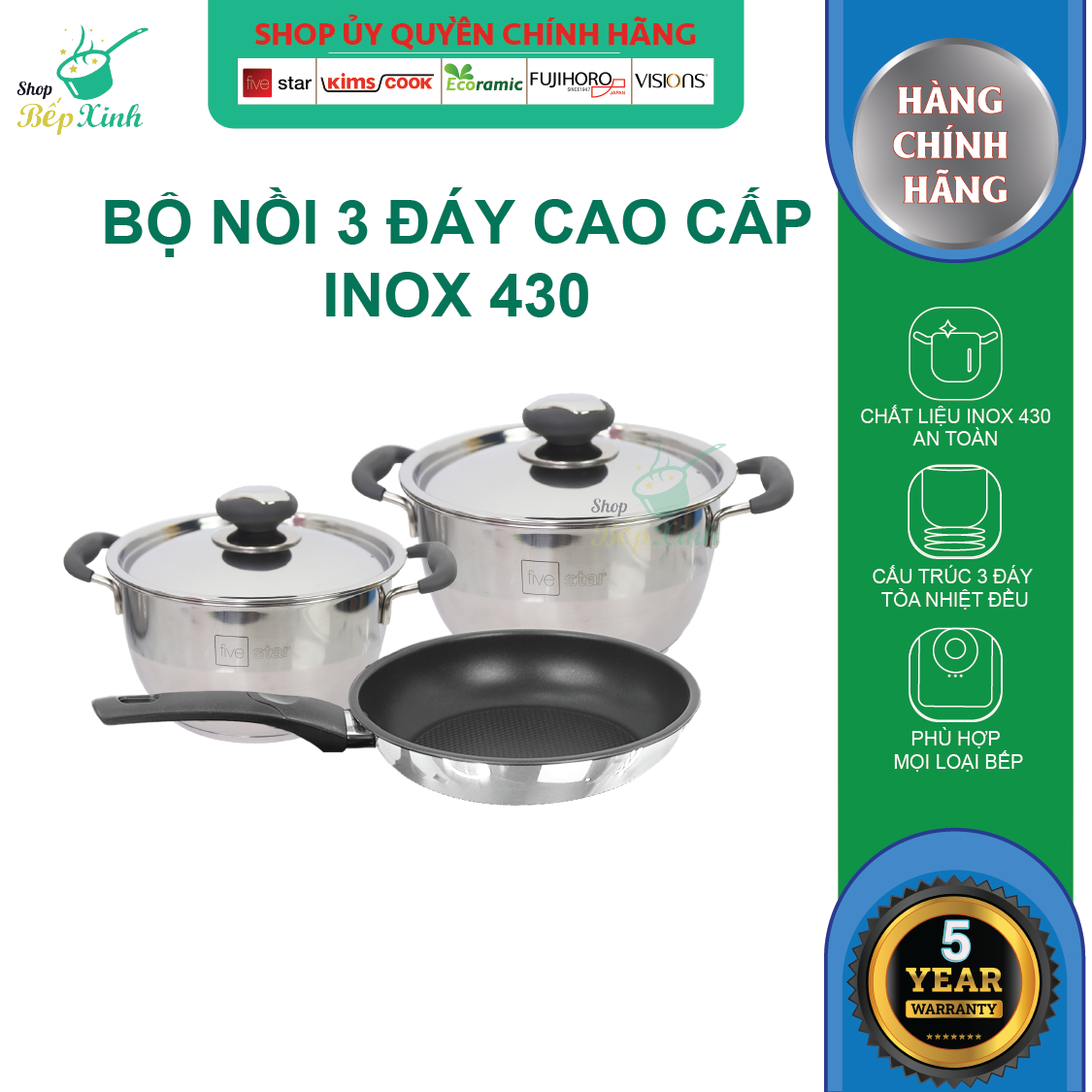 Bộ Nồi Inox 430 Và Chảo Chống Dính Inox 3 Đáy Bếp Từ Quai Silicon 3 Chiếc Fivestar