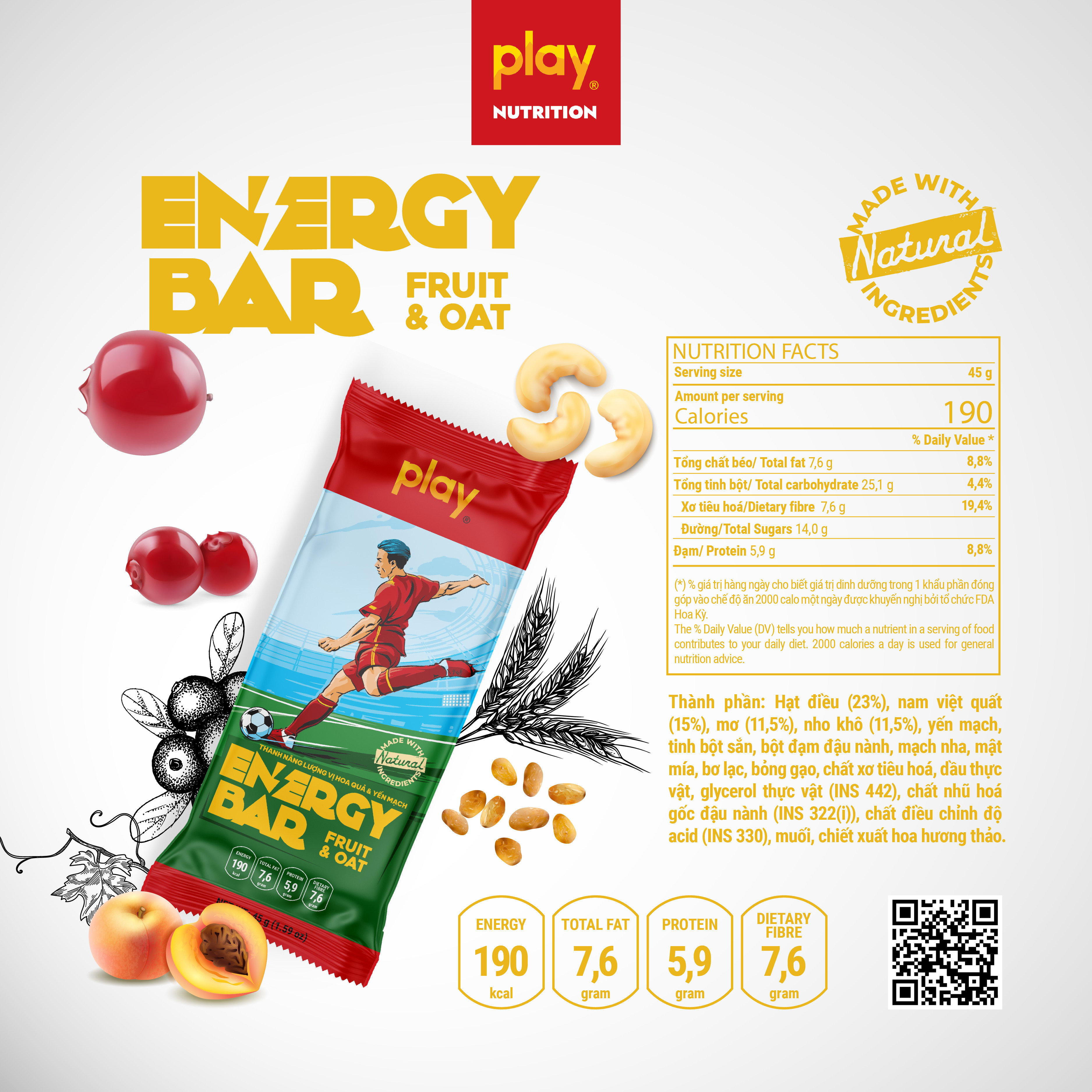 Hộp 12 thanh năng lượng PLAY 2.0 vị trái cây và yến mạch – Thanh ngũ cốc dinh dưỡng PLAY Energy Bar