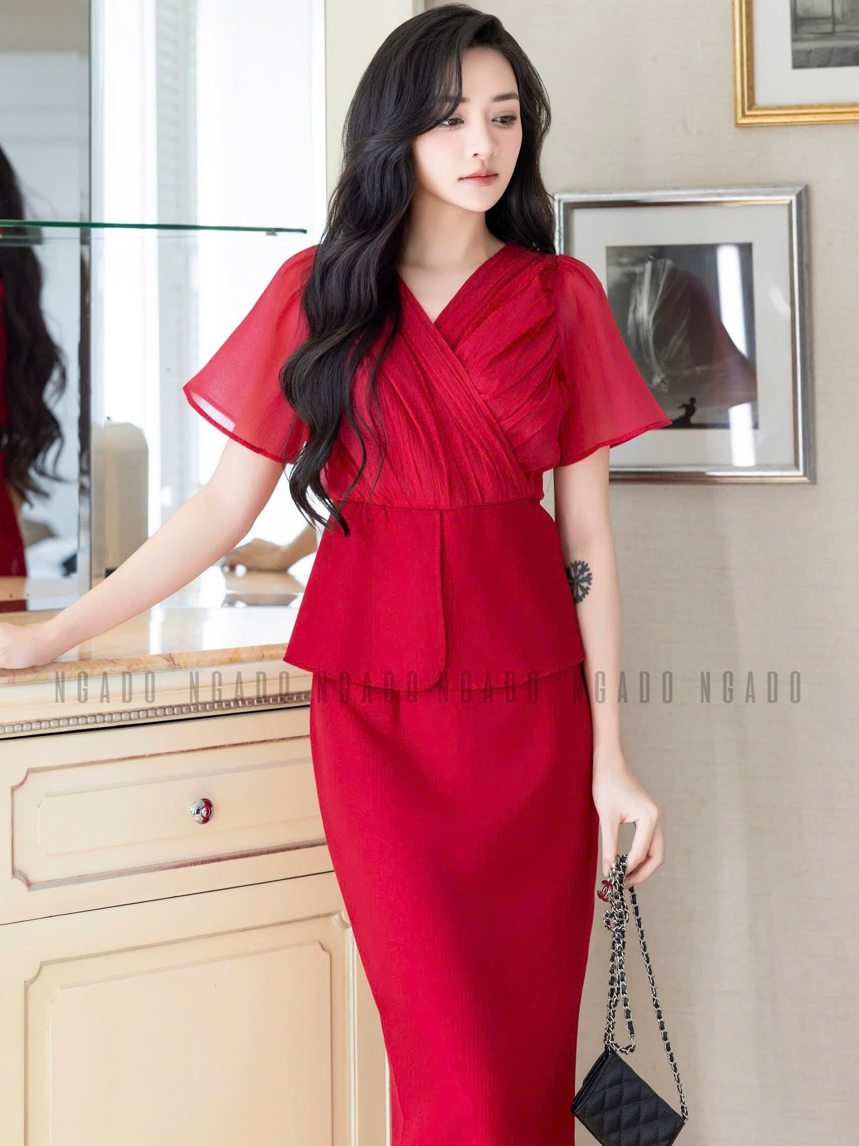 Set áo váy đỏ cổ tim NGADO , Set đồ nữ , Set áo váy thiết kế