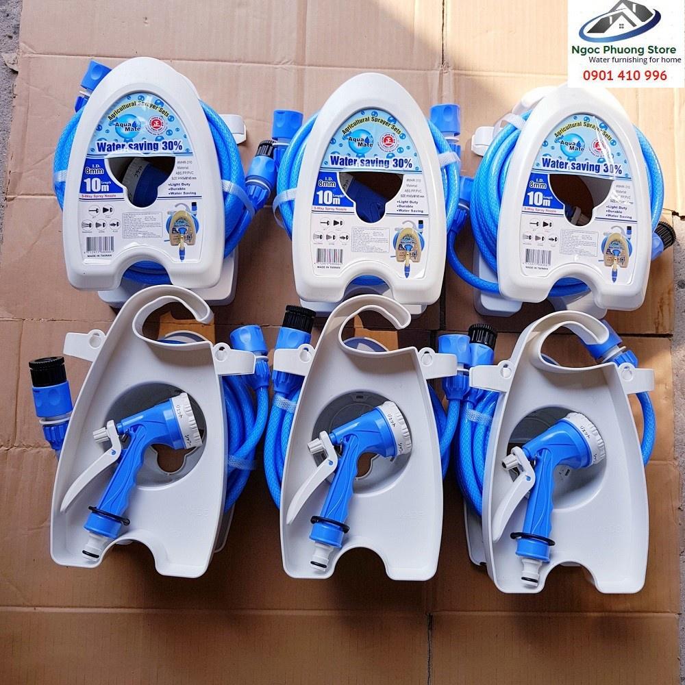 Bộ súng rửa sân vườn, tưới cây, rửa xe chỉnh 5 kiểu dạng cuộn xách tay 10m, 15m Aquamate
