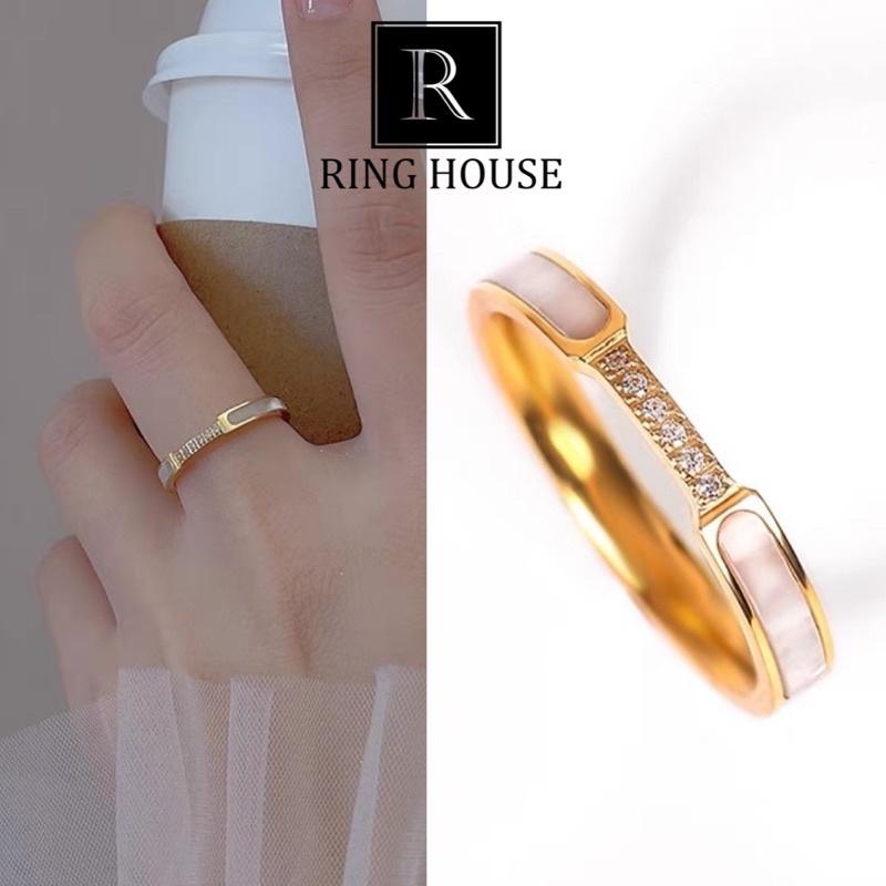 (Titan) Nhẫn Cho Cặp Đôi Nam Nữ Khảm Xà Cừ Đính Đá Zircon Vàng Gold Đẹp Ring House