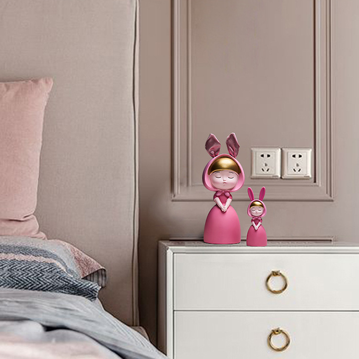 Set Tượng cô gái tai thỏ dễ thương màu hồng xanh - Tượng trang trí, Tượng búp bế decor để bàn, trang trí kệ tủ phòng khách và quà tặng bạn bè