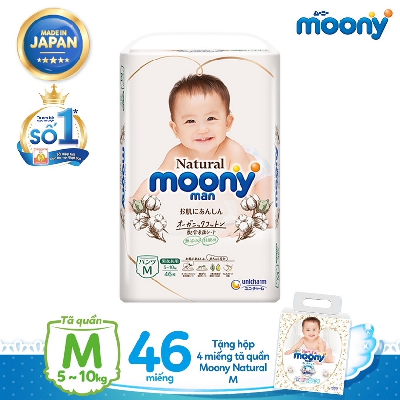 Tã quần Moony Natural M46 tặng hộp 4 miếng tã quần Moony Natural M