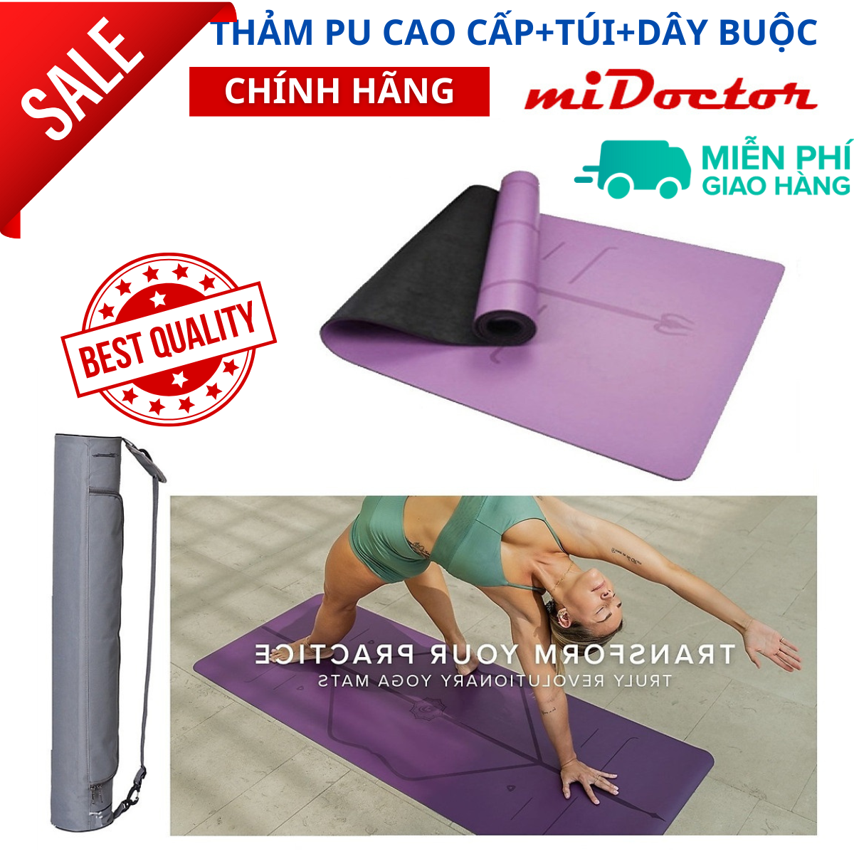 Thảm Tập Yoga Định Tuyến Da Pu Cao Cấp Chính Hãng Midoctor Túi Đựng Thảm Tập Yoga Dây Buộc Thảm Yoga Định Tuyến - Tím