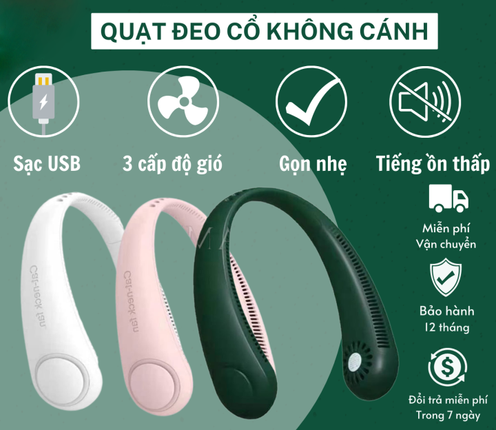 Quạt Đeo Cổ Tích Điện Mini 3 Chế Độ Gió, Dung Lượng Pin Lớn 3000mAh, Quạt Không Cánh USB Tiện Lợi, Không Cuốn Tóc, Thời Gian Sử Dụng Đến 10 Giờ