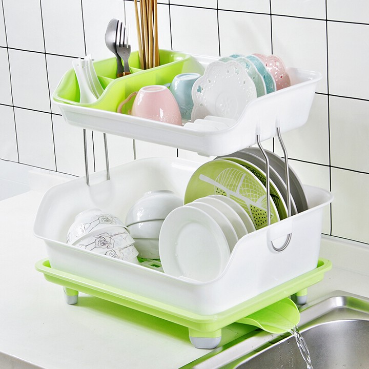 Giá úp bát kèm ống đũa bằng nhựa cao cấp thiết kế 2 tầng với khay hứng nước xoay mọi hướng, cho không gian bếp luôn khô ráo, thoáng đãng - Kệ úp chén đĩa 2 tầng