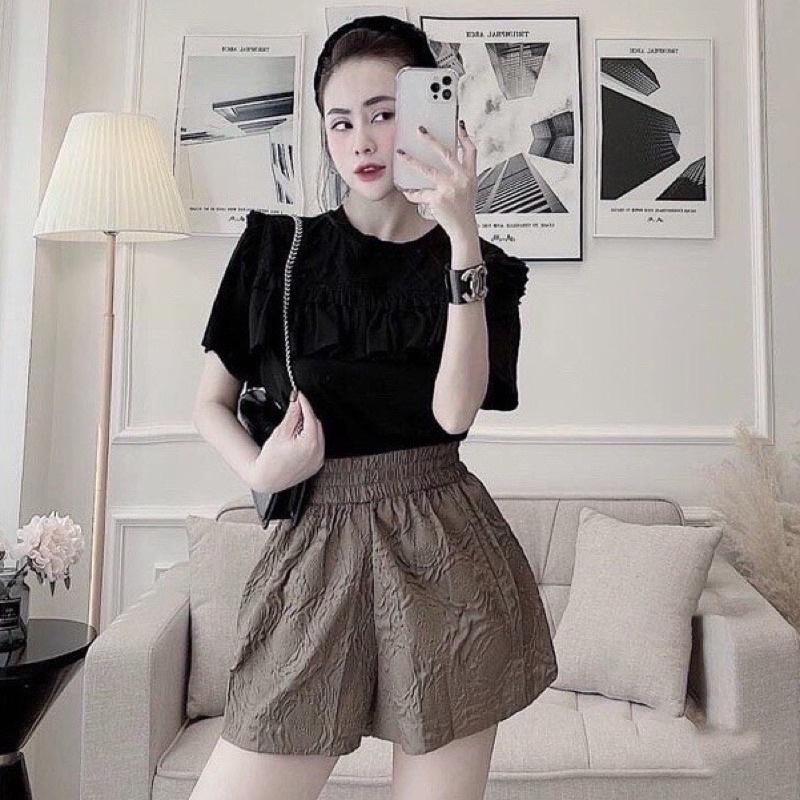 Quần Short xốp dập nổi -sooc ống rộng lưng chun cạp cao in hoa nổi