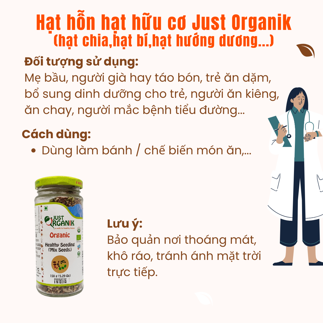 Hạt Mix Hỗn Hợp Hạt Hữu Cơ Just Organik Nhập Khẩu Ấn Độ Gồm Hạt Chia, Hạt Bí, Hạt Hướng Dương, Hạt Mè, Hạt Lanh - 150g