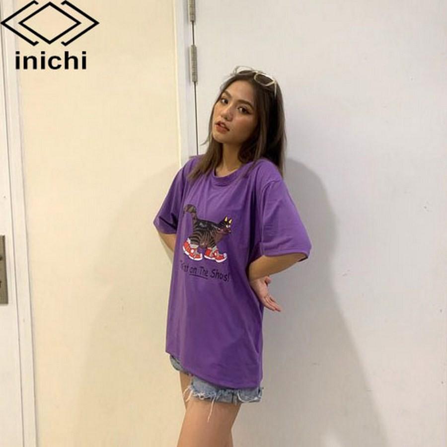 Áo thun unisex tay lỡ form rộng phong cách trẻ áo INICHI in hình chú mèo ngố mang giày - A651 màu trắng