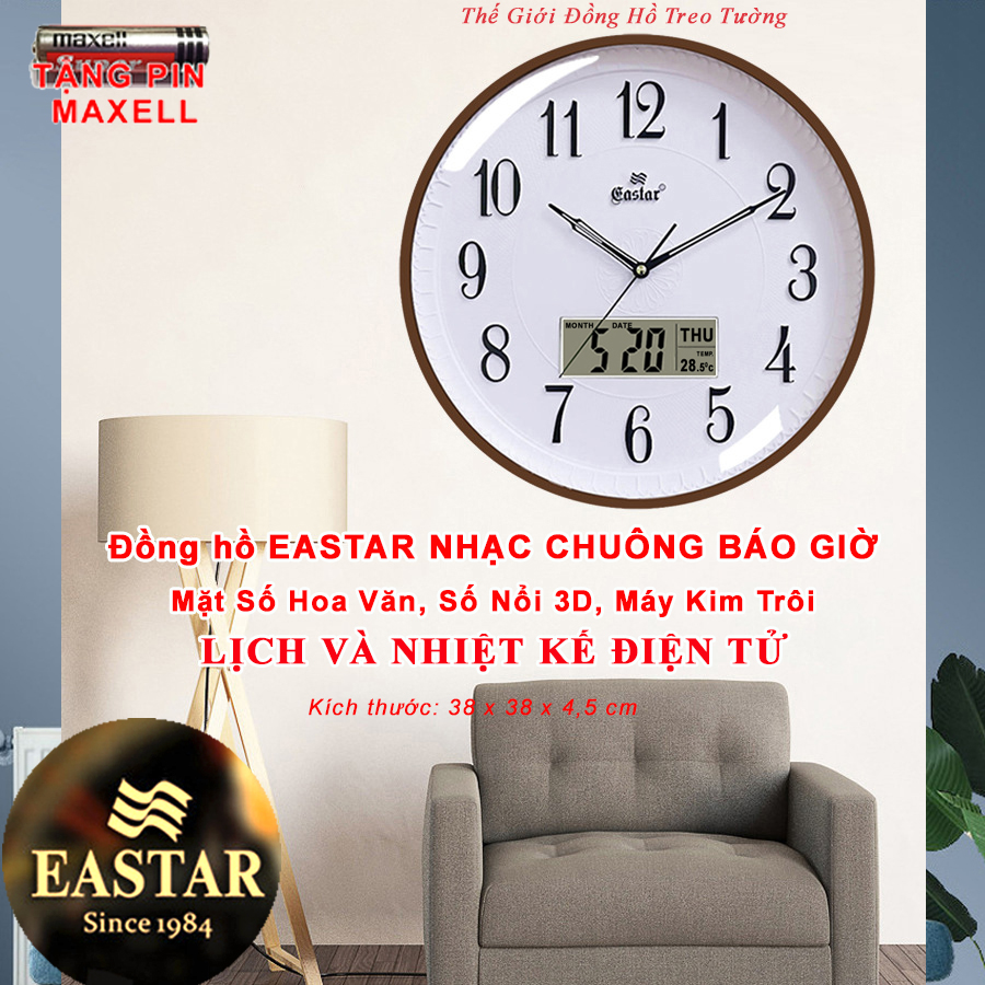 Đồng hồ NHẠC CHUÔNG Báo Giờ EASTAR Kim Trôi Nhật có 16 ĐIỆU NHẠC Báo Giờ - LỊCH Vạn Niên và NHIỆT KẾ Điện tử - Mặt Tròn Viền Mỏng - Tặng 4 Pin Maxell - BH 1 Năm