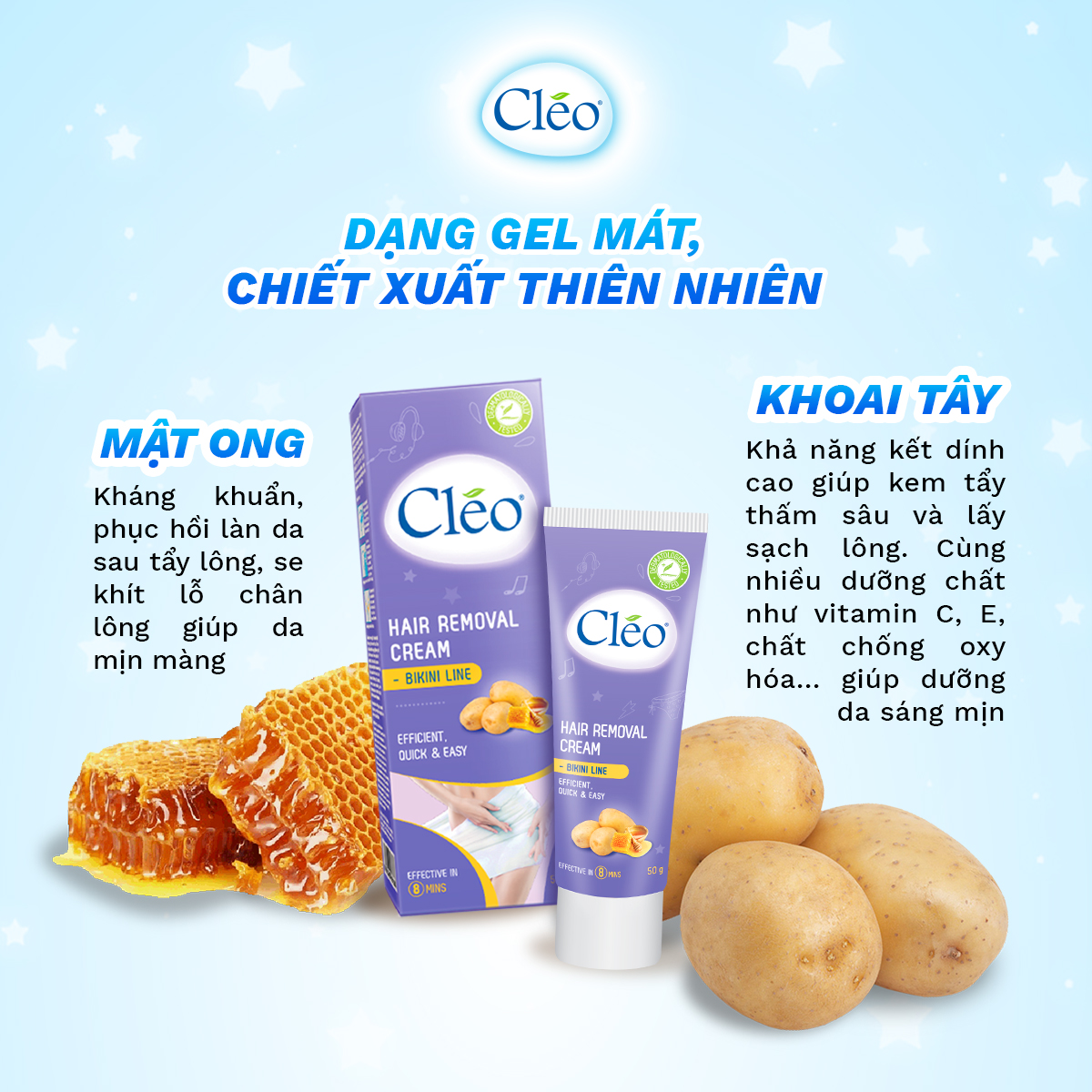 Combo tẩy lông Bikini Cléo 50g, an toàn không đau, hiệu quả trong 8 phút và gel dưỡng ẩm mịn da Cléo 50g