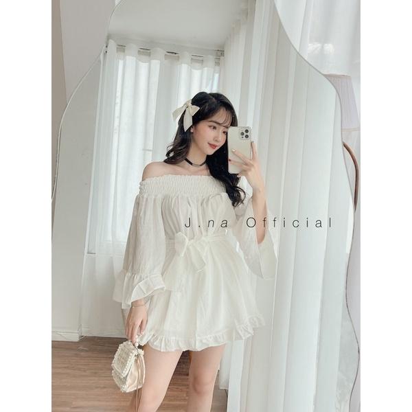 Áo váy trễ vai nơ eo ngực Đầm trễ vai Jna Official