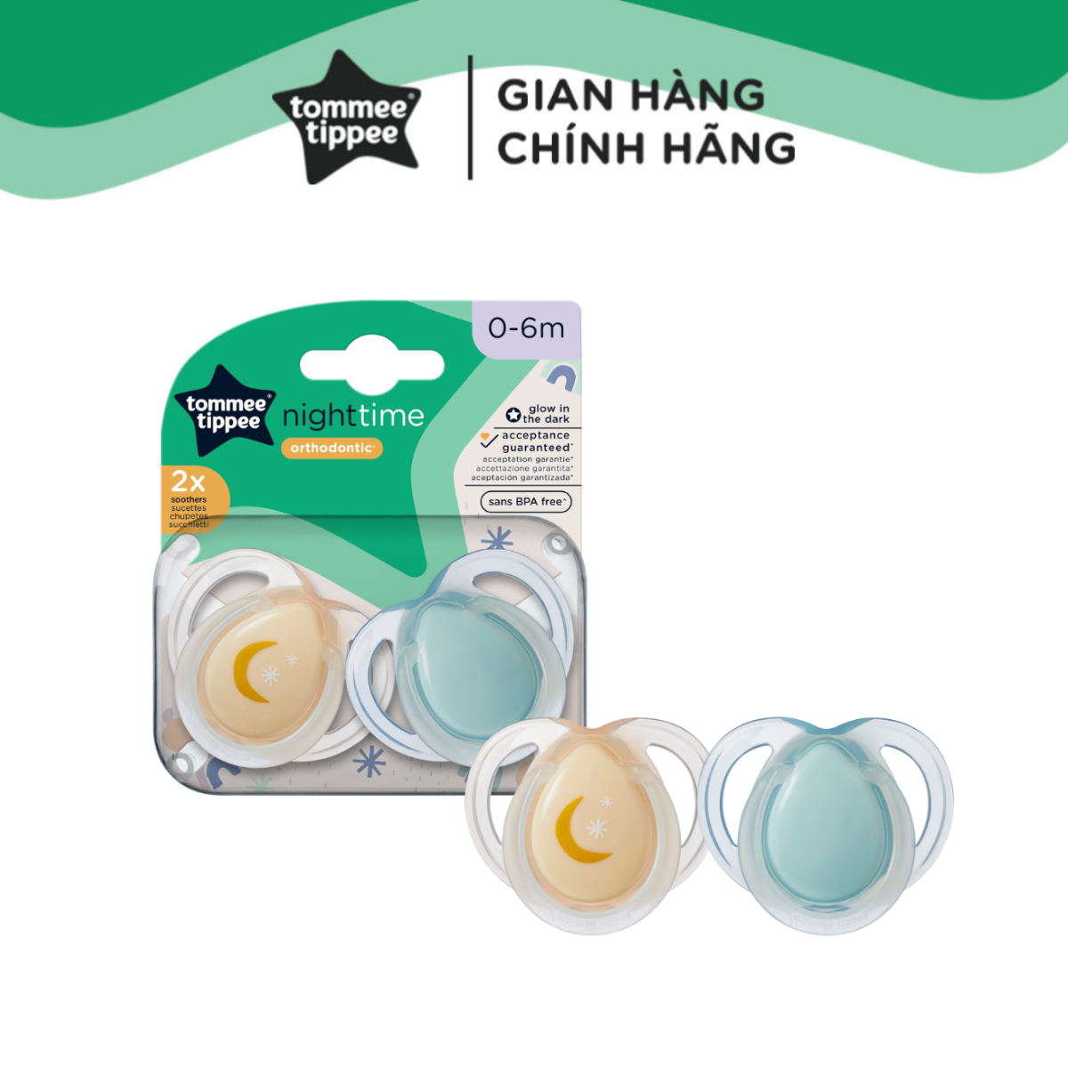 Ty Ngậm Dạ Quang Cho Bé Tommee Tippee 0-6 Tháng (Vỉ Đôi) - Night Time – Trăng Vàng