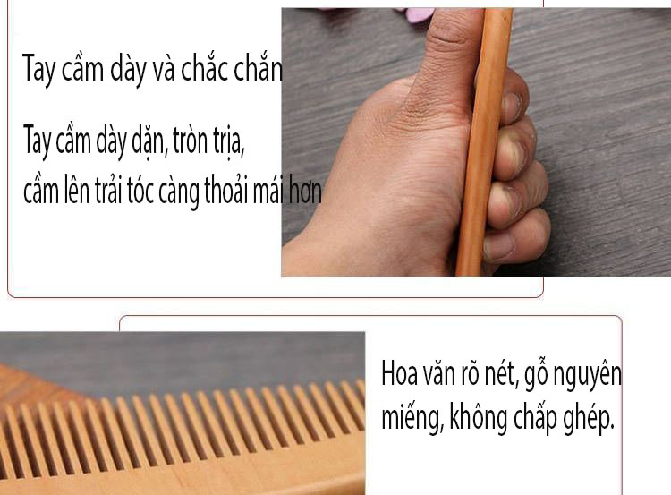 Lược gỗ đào tự nhiên kiểu dáng thẳng,  hoa văn, một đời bình an chống tĩnh  điện LGT02D