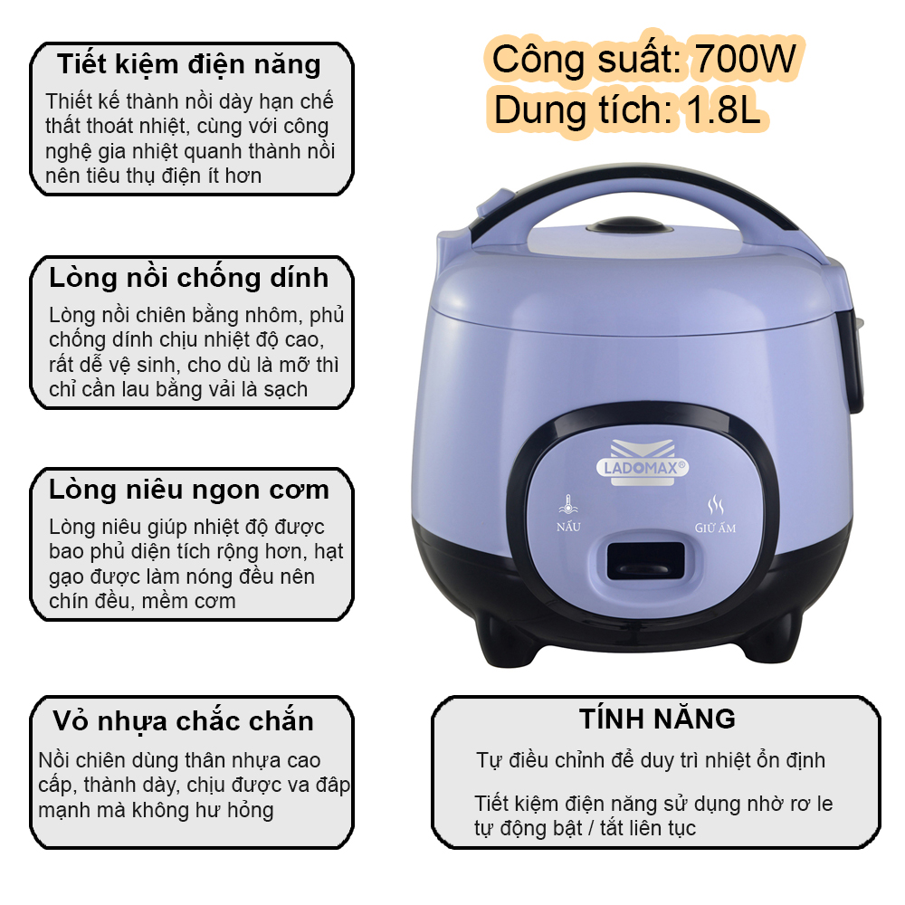 Nồi cơm điện tròn 1.8L Ladomax HA-7418 lòng niêu nấu cơm mềm và không cơm cháy, có xửng hấp - Hàng chính hãng