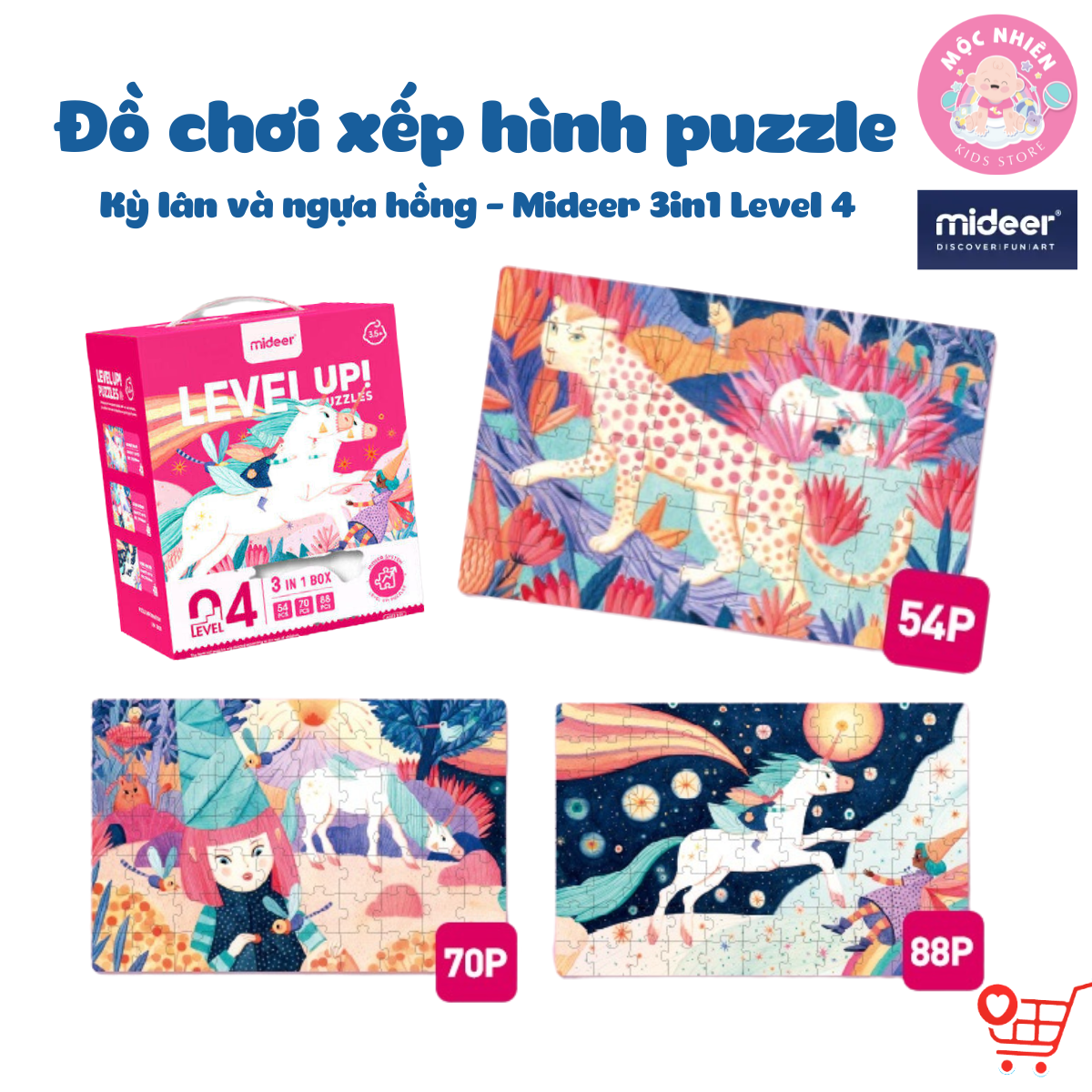 Đồ Chơi Xếp Hình Puzzle Level 4 - Kỳ lân và Ngựa hồng (03 tranh 54 - 70 và 88 Mảnh Ghép) - Thương hiệu Mideer