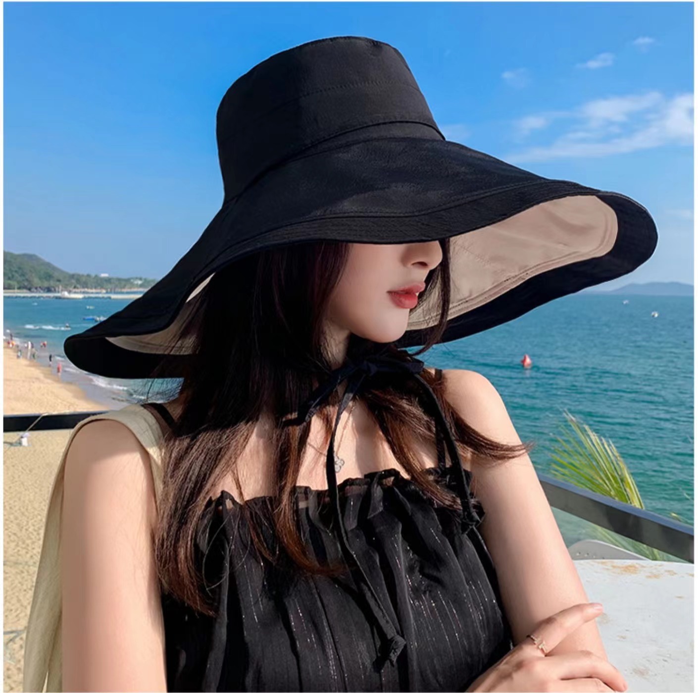 Mũ đẹp đi biển nón rộng vành chống nắng đội 2 mặt gấp gọn chống tia UV vành to thời trang Korea Chất liệu vải cotton 2 mặt thoáng mát dona23062001