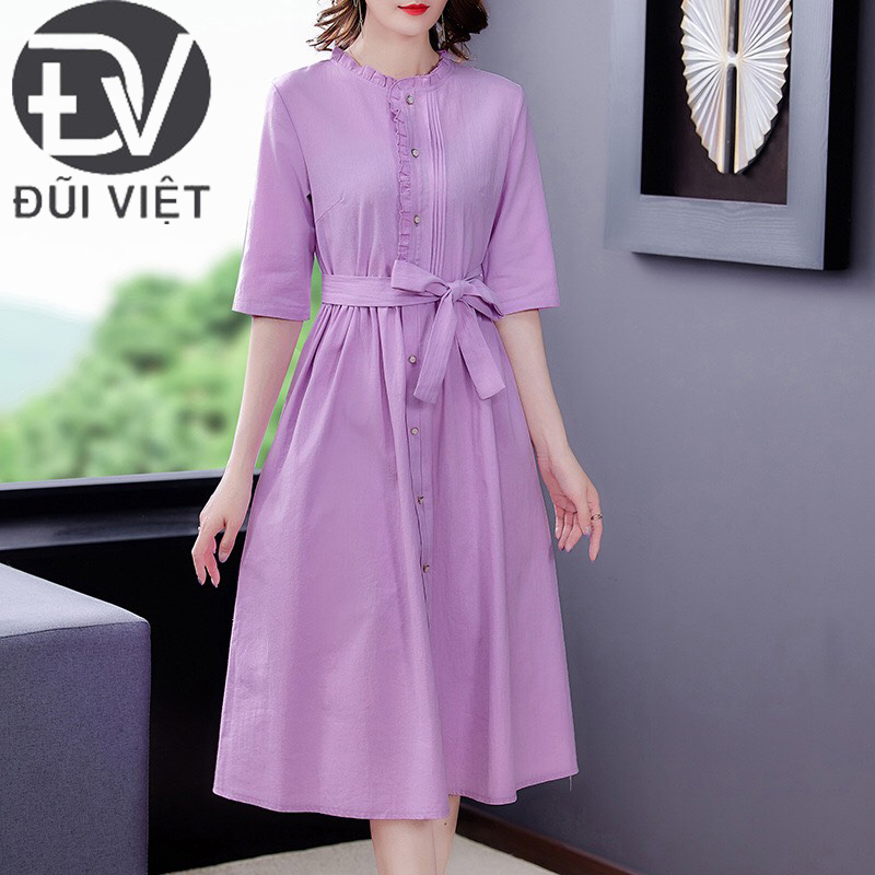 Đầm linen dáng suông cổ bèo phối cúc, tay lỡ nhún eo, mặc đi chơi, đi làm Đũi Việt