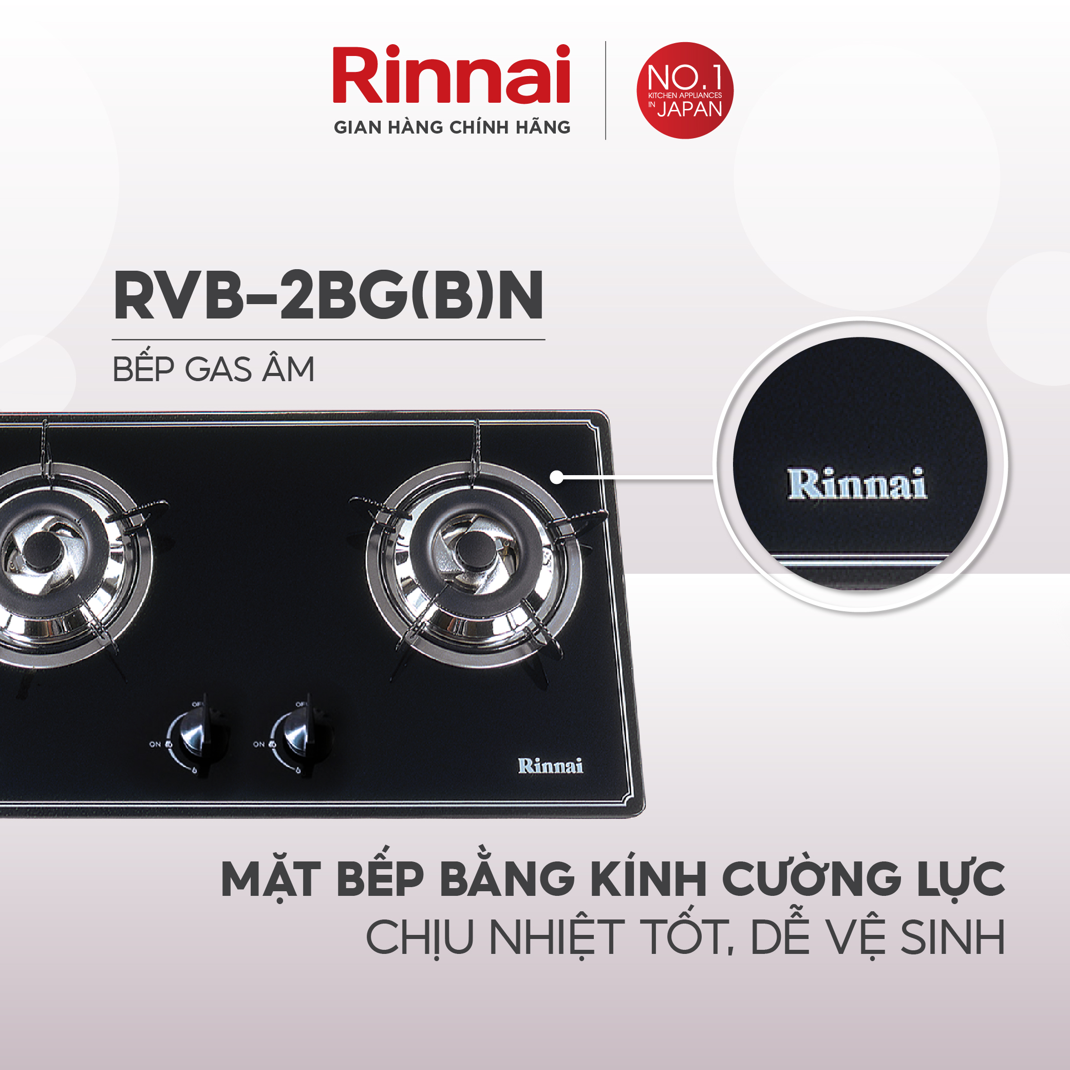 Bếp gas âm Rinnai RVB-2BGN mặt bếp kính và kiềng bếp men - Hàng chính hãng.