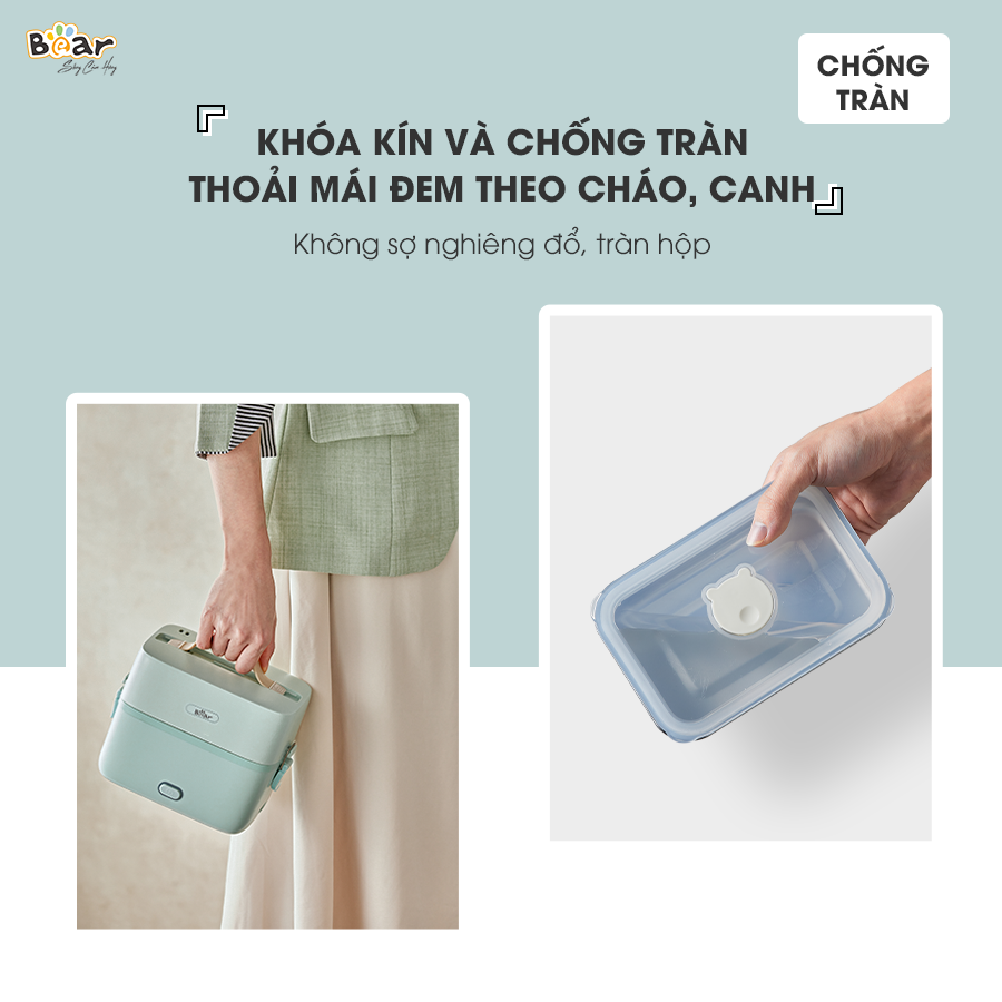 Hộp Cơm Cắm Điện Bear 2 Tầng 3 Ngăn Hâm Nóng Cực Nhanh Inox 304 An Toàn Tuyệt Đối Chống Trào 1,2L SB-HC12L