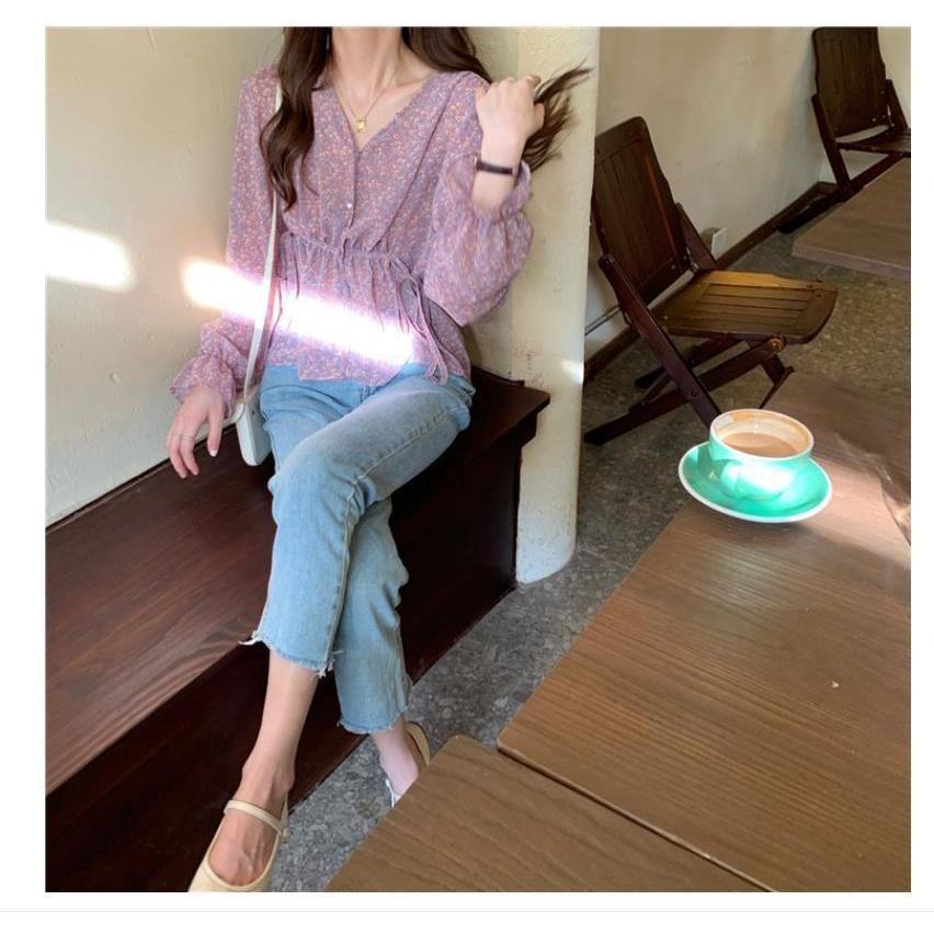 MS966 Áo voan nữ hoa nhí tím mộng mơ chiết eo tay bo xoè