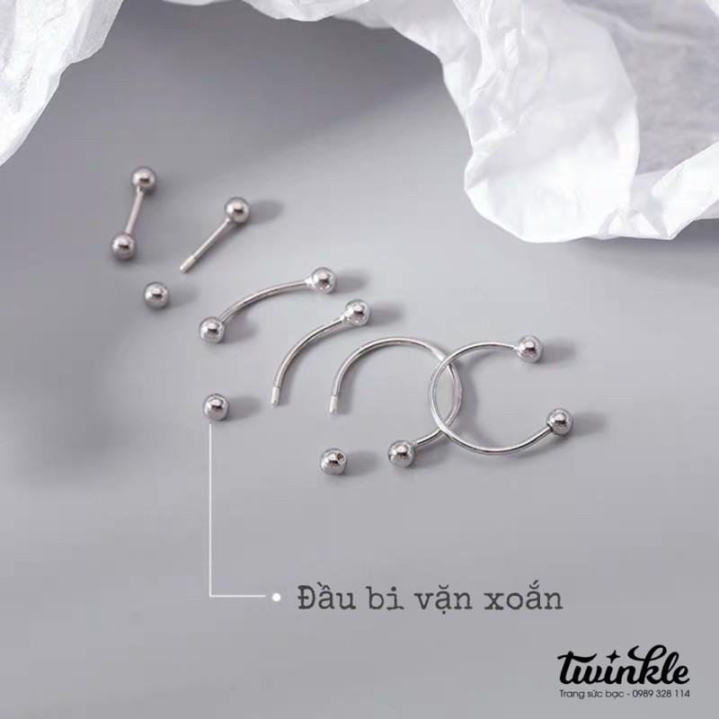 Khuyên bạc 925 CAO CẤP 100% hai đầu bi dạng xoắn dễ phối không đau - Twinkle Silver