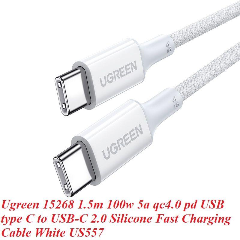 Ugreen UG15268US557TK 1.5m 100W c-c hỗ trợ QC4.0 5A Cáp sạc nhanh - truyền dữ liệu 2 đầu USB-C dây nhựa Màu Trắng - HÀNG CHÍNH HÃNG