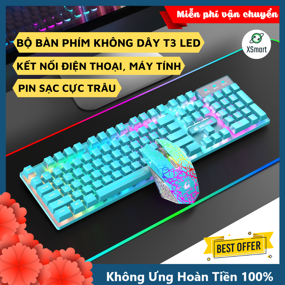 Bộ Bàn Phím Và Chuột Không Dây T3 LED 104 Phím Full Size Phím Gỉa Cơ Gõ Êm Sử Dụng Pin Sạc Kết Nối Máy Tính, Điện Thoại Android / Type-C- Hàng Chính Hãng