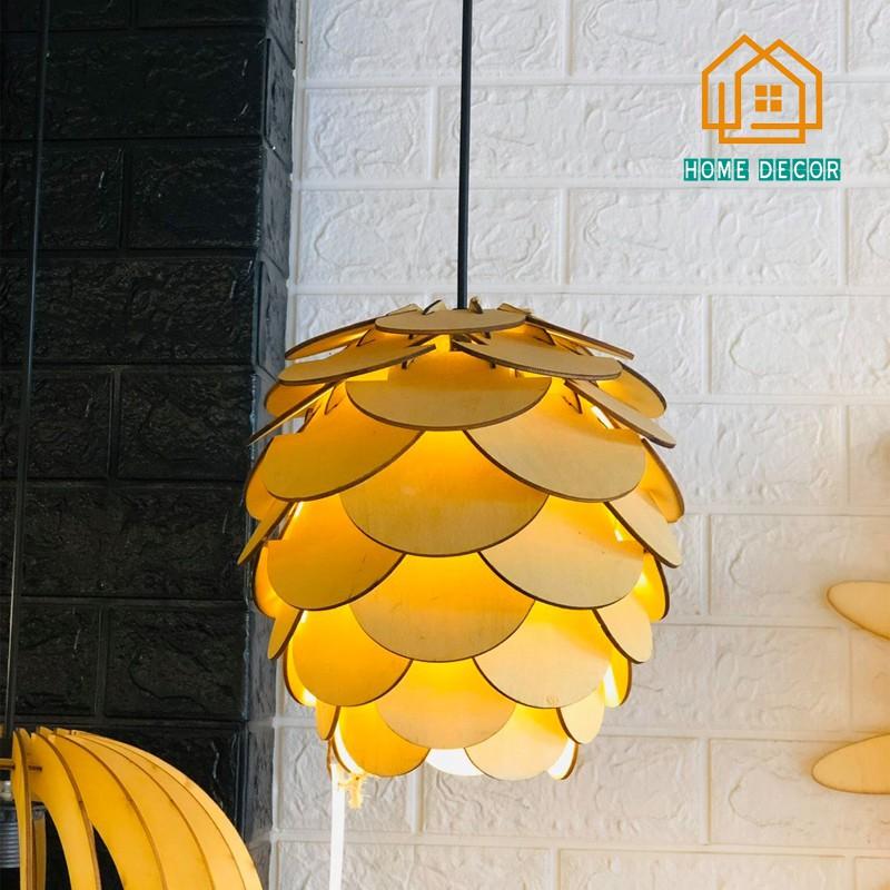 Đèn Gỗ thả trần trang trí quả thông - Đèn gỗ Decor trang trí nhà, quán xá phong cách Châu Âu - Tặng kèm bóng đèn 3W