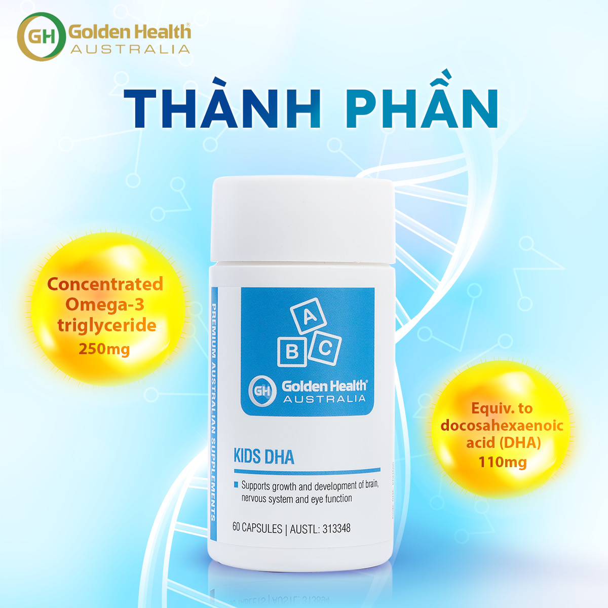 [GOLDEN HEALTH] Viên Uống Hỗ Trợ Phát Triển Trí Não Cho Bé Từ 7 Tháng Tuổi Đến 12 Tuổi Golden Health Kids DHA Hộp 60 Viên