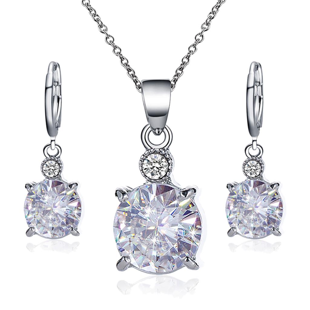 Round Zircon Crystal Crystal Bridal Pendant Necklace Earrings Jewelry Sets