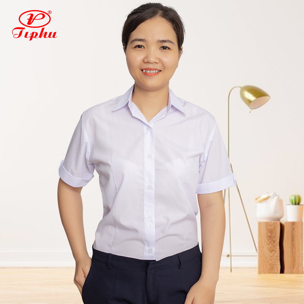 Áo sơ mi trắng tay ngắn, đồng phục nữ sinh, dáng căn bản, vải KT Silk mượt mà, không nhăn nhàu