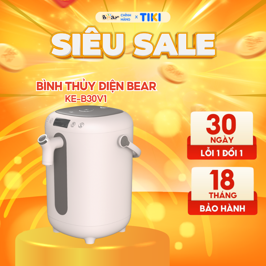 Bình Điện Thông Minh Bear Đun Nước Nóng Siêu Tốc, Tự Động Giữ Ấm 55 Độ, Khử Clo An Toàn Cho Sức Khoẻ - KE-B30V1 - Hàng Chính Hãng