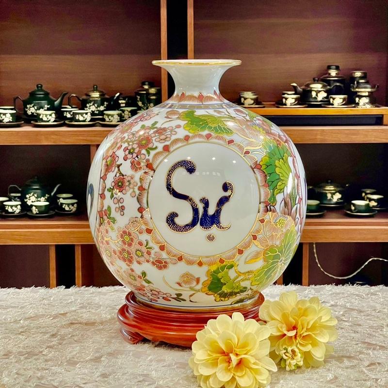 Bình hút tài Lộc vẽ thủ công vàng kim 24K. Gốm sứ Bát Tràng cao cấp.