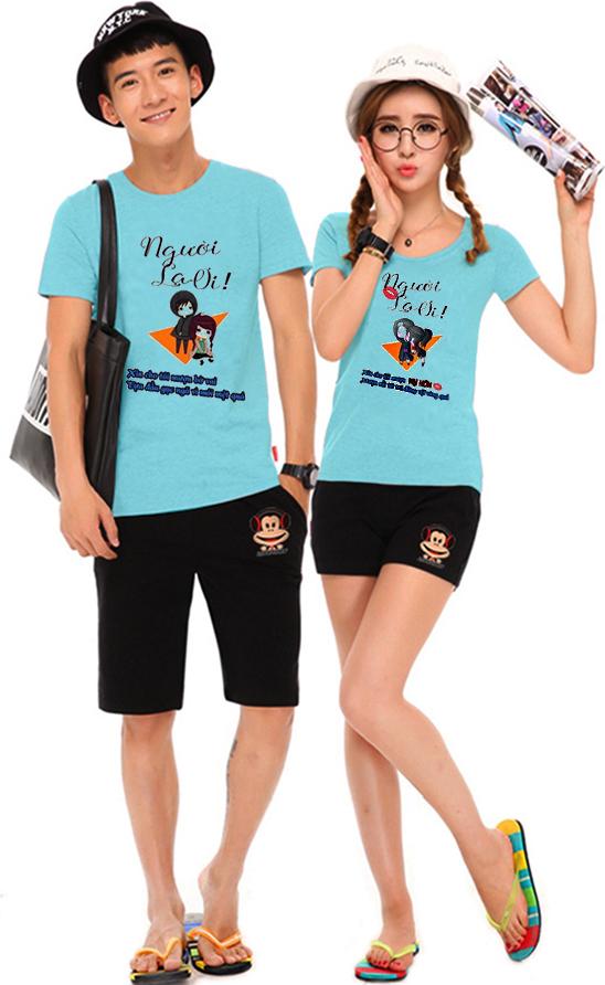 Bộ Áo Thun Đôi Nam Nữ Người Lạ Ơi Màu Xanh Thiên Thanh - XXL - S