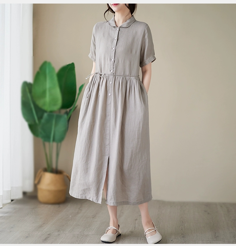 Đầm linen dáng dài, suông công sở cổ tròn linen tay cộc kèm dây eo, đầm đũi form rộng Haint Boutique Da169