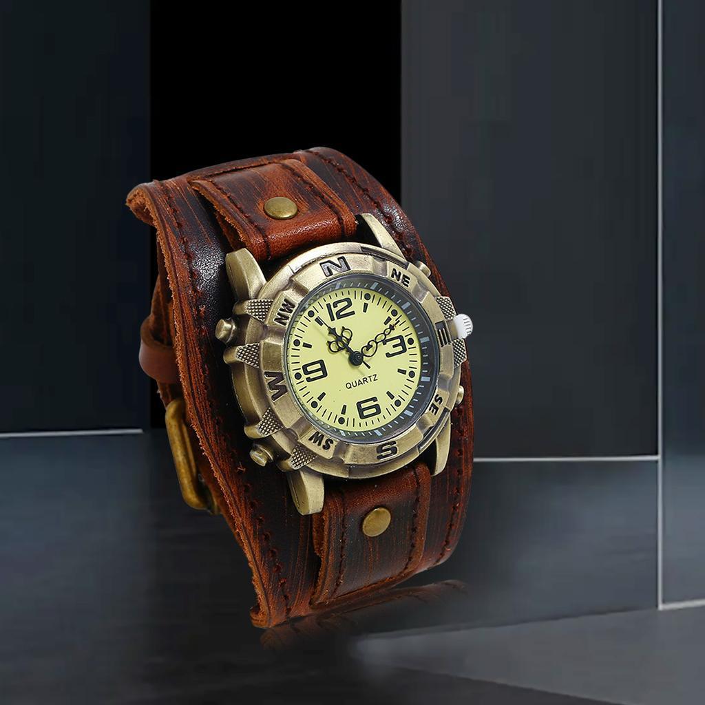 2Pcs Wristwatch Male Watch Band Leather Punk Vintage Bracelet