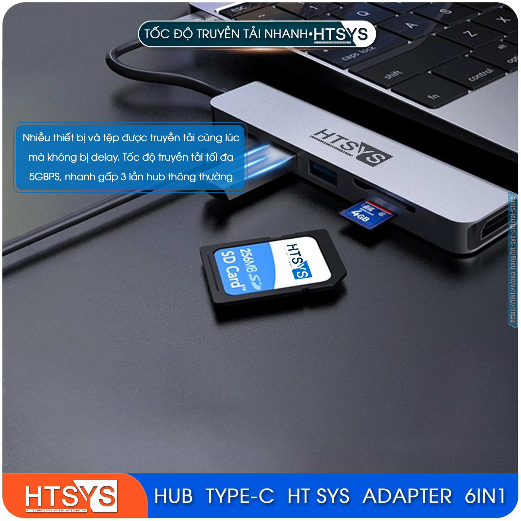 Hub Type C HT SYS 6 in 1 To HDMI, USB 3.0, SD, TF, PD 100W - Hàng Chính Hãng