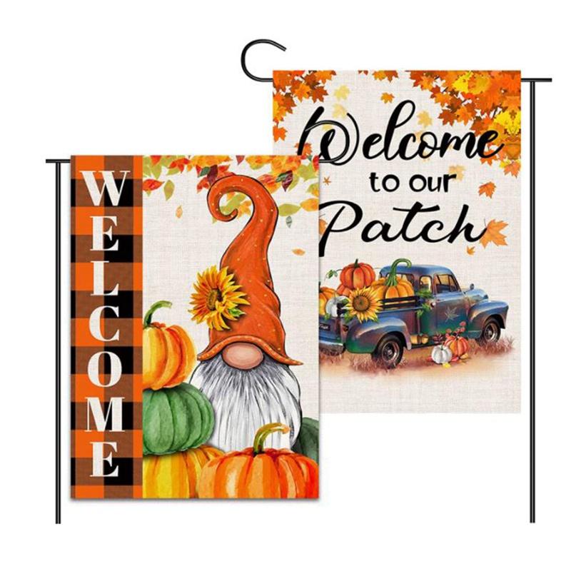 2 Pcs Welcome Harvest Autumn Garden Flag,Double-Sided Pumpkin Truck and Dwarf Garden Flag,Outdoor Patio Decoration