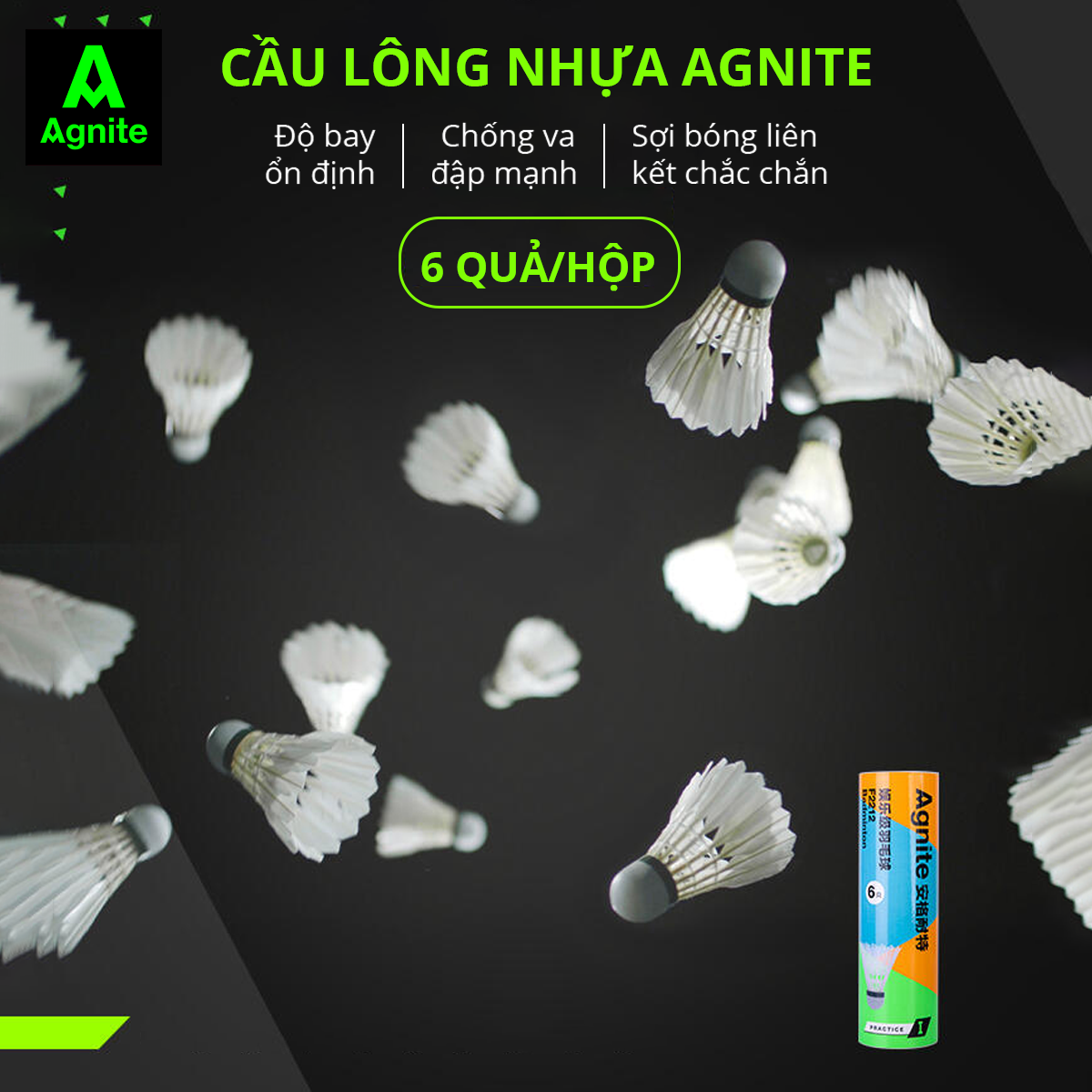 [Hộp 6 quả] Cầu lông nhựa chính hãng Agnite - siêu bền - phù hợp tập luyện, chơi thể thao - F2212