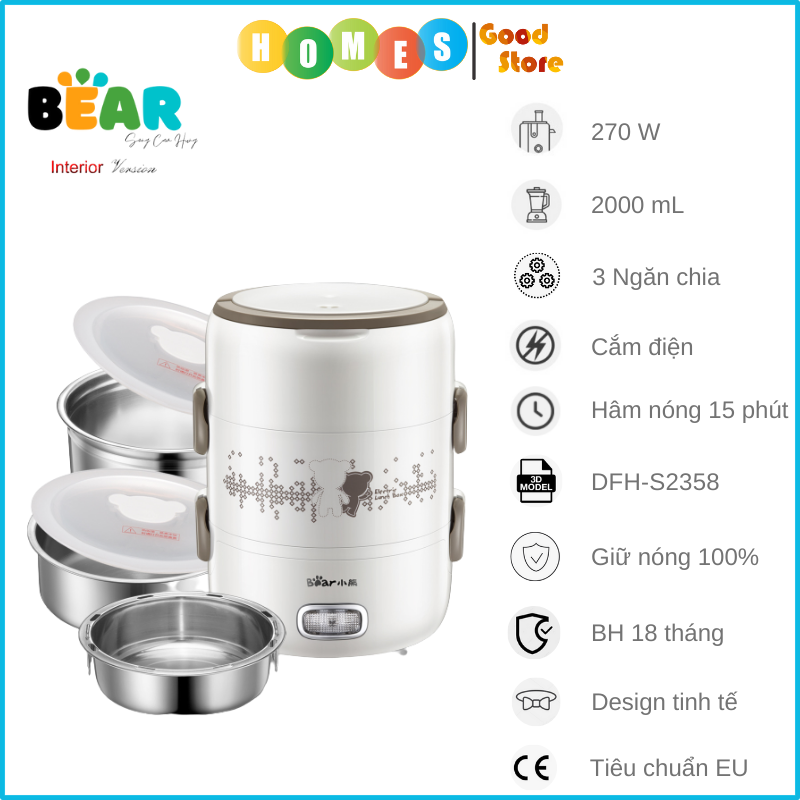 Hộp Cơm Giữ Nhiệt, Tự Hâm Nóng Và Nấu Chín Đa Năng 3 Ngăn BEAR DFH-S2358 Dung Tích 2L Công Suất 270W - Hàng Chính Hãng