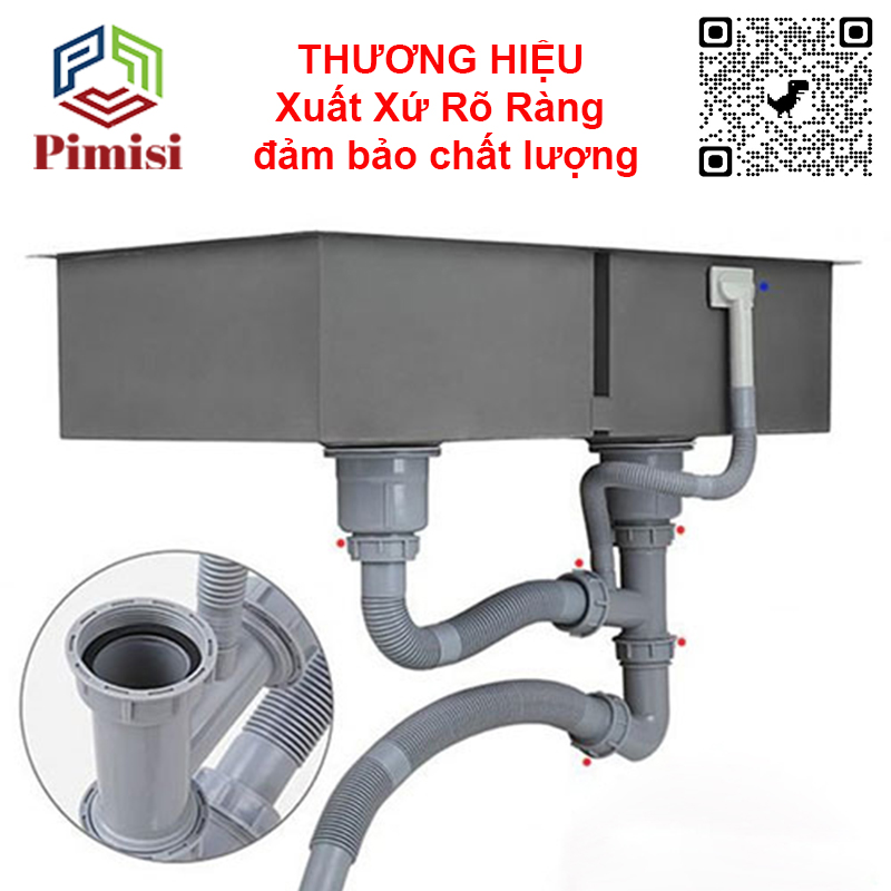 Xi Phông Chậu Rửa Chén Bát 2 Hốc Phi 110 Pimisi Cao Cấp Đầu Bầu Inox 304 - Dùng Để Xả Thải Nước Chậu Rửa Bát Đôi Dập Đúc Loại Ống Thải Nước To Bằng Nhựa Chun Uốn, Bầu Chống Mùi Hôi Và Giảm Dầu Mỡ Xuống Ống Dẫn - Có Đầu Thoát Tràn | Hàng Chính Hãng