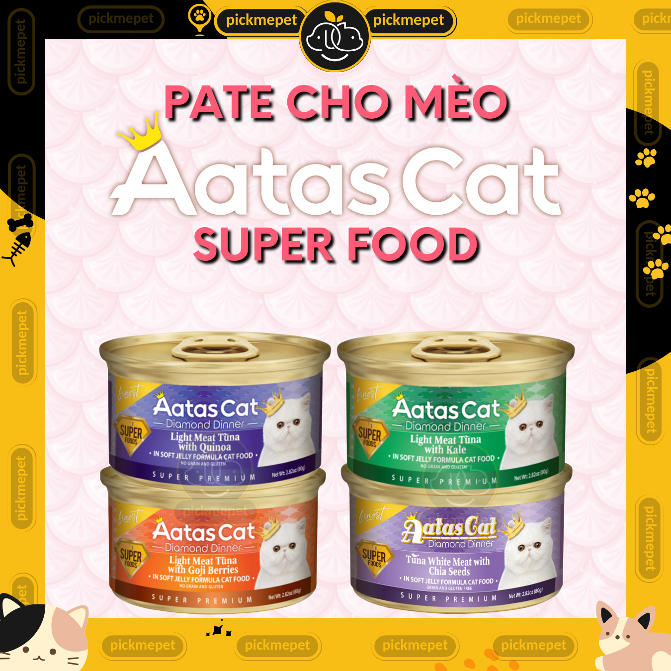 Pate AATAS Super Food Cho Mèo Mọi Lứa Tuổi (Lon 80g) Pate Aatas Daily Defence, Diamond Dinner