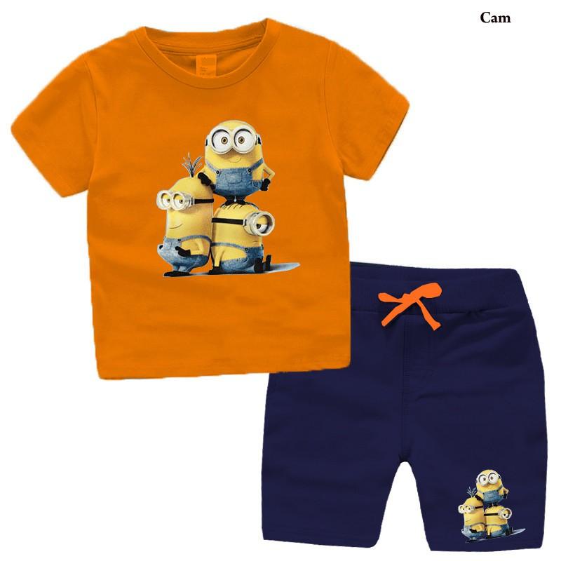 Bộ quần áo ngắn tay cho bé trai, bé gái, in 3 chú minion đáng yêu