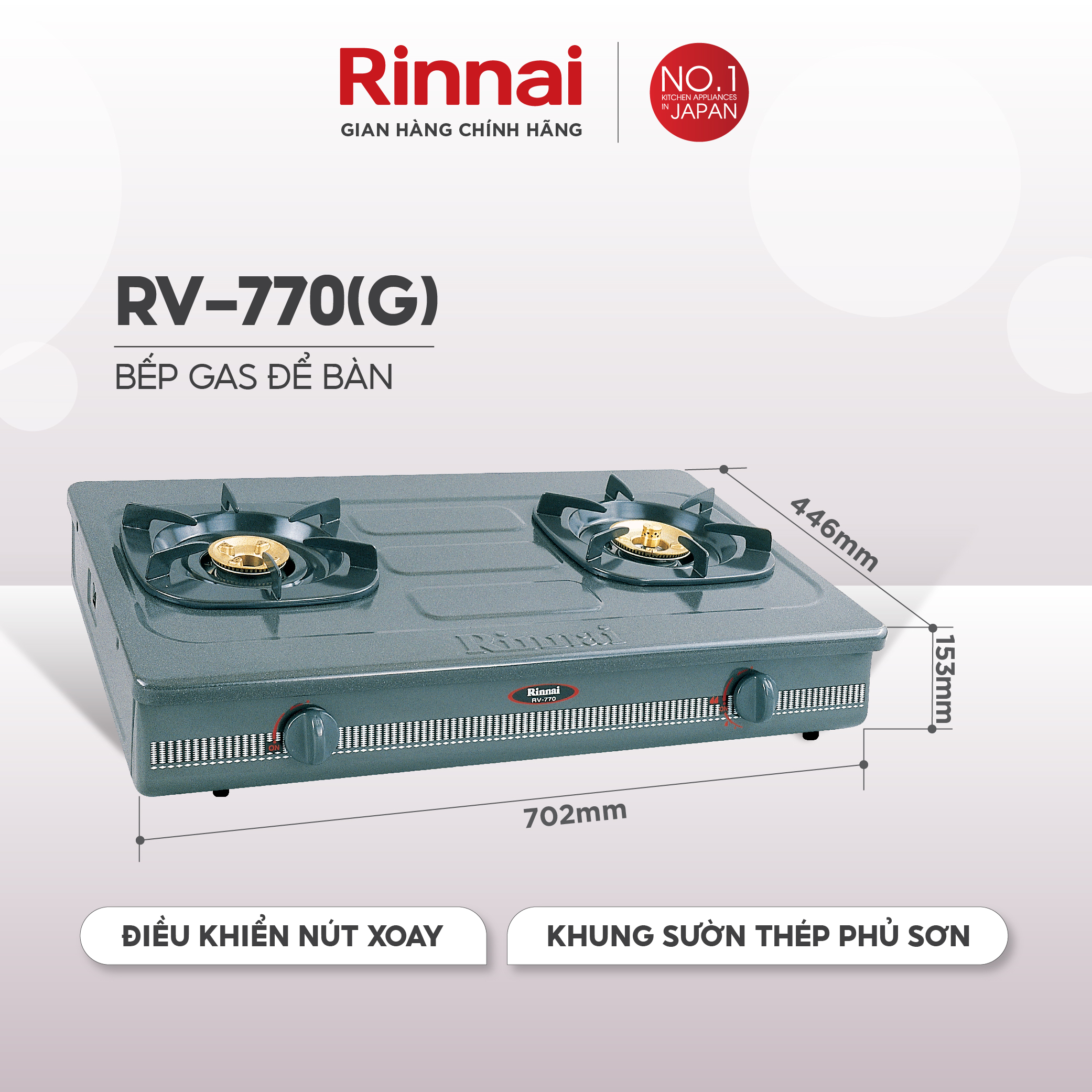 Bếp gas dương Rinnai RV-770(G) mặt bếp men và kiềng bếp men - Hàng chính hãng.