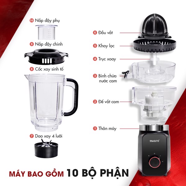 Máy Xay Sinh Tố Kiêm Máy Vắt Cam MASUTO Công Nghệ Nhật Bản Dung Tích 1.25L Công Suất 700W - Hàng Chính Hãng