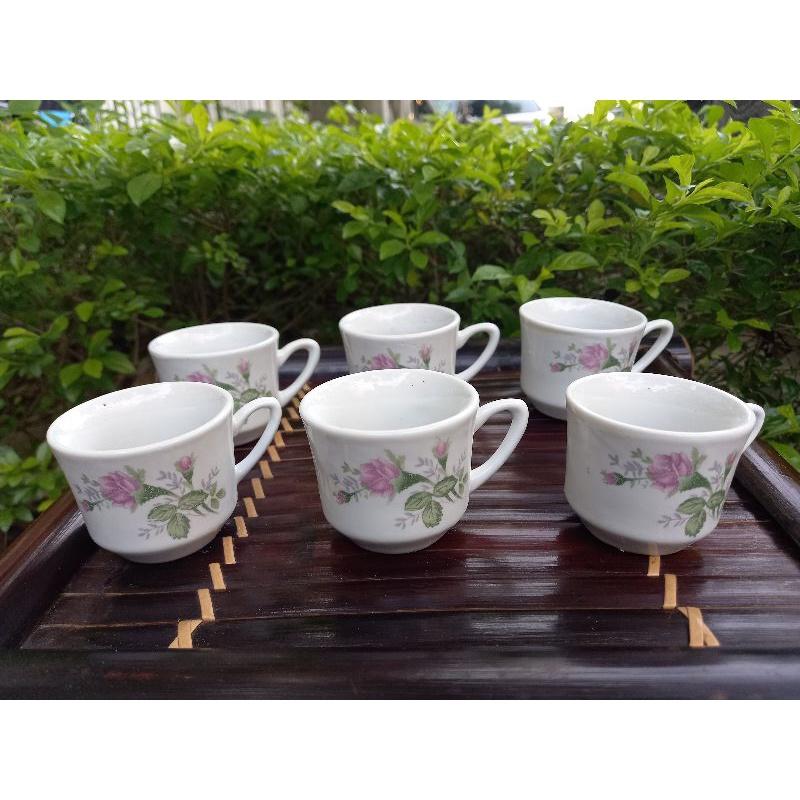 Combo 6 chén sứ hoa hồng có quai Hải Dương xưa