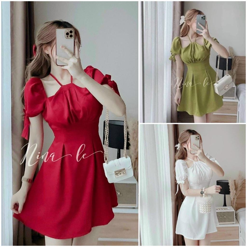 Đầm xoè tiểu thư cổ yếm tay nơ xinh xắn